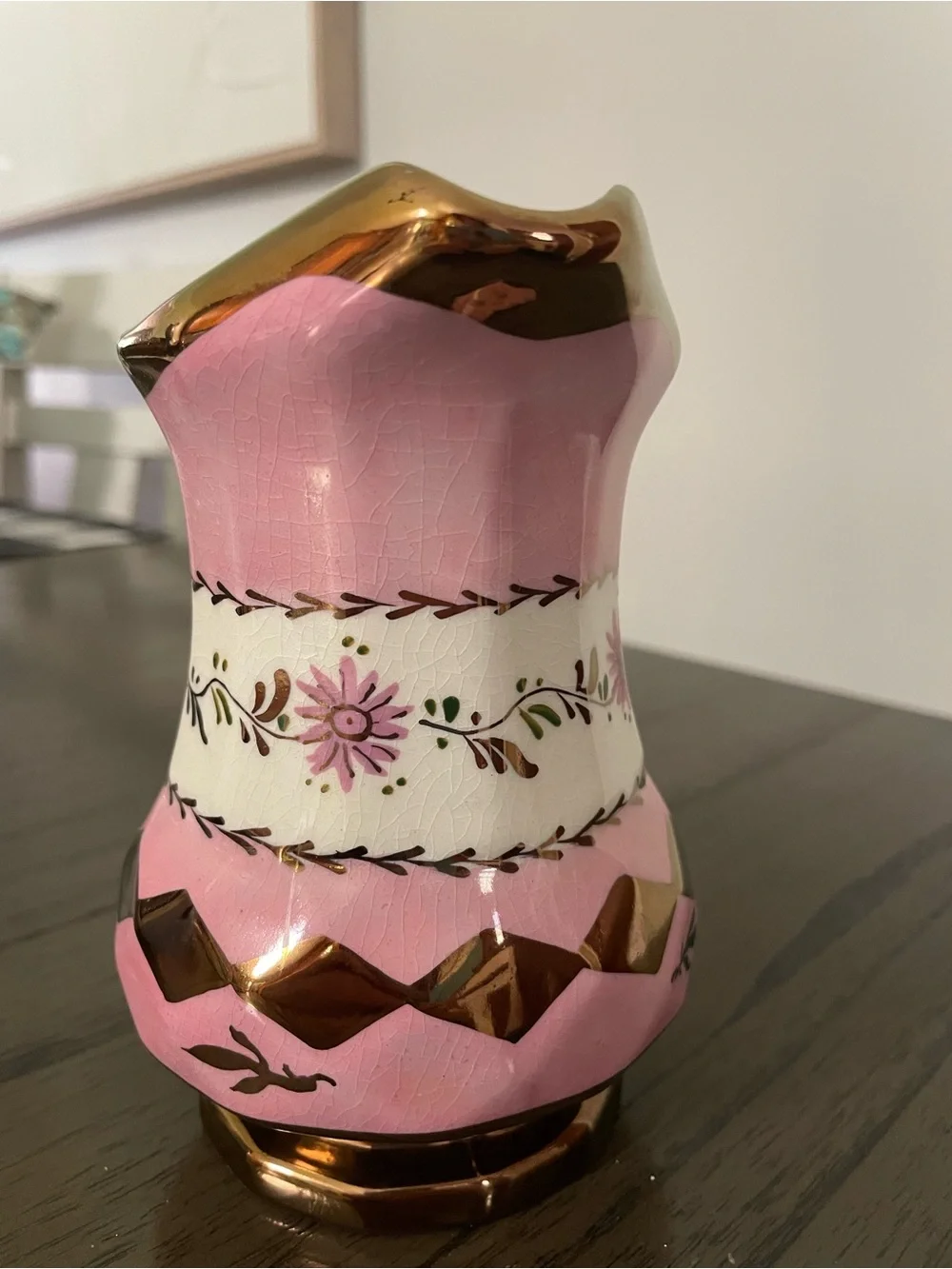 Vintage Pink and Gold Floral Ceramic Pitcher